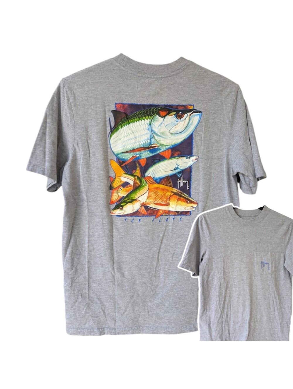 Guy Harvey Fishing T-Shirt Mens M Gray Heather Pocket Graphic Tee Shirt 20x28